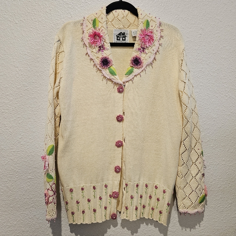 Storybook Knits Handknit Beaded Floral Cardigan Sweater Size S
